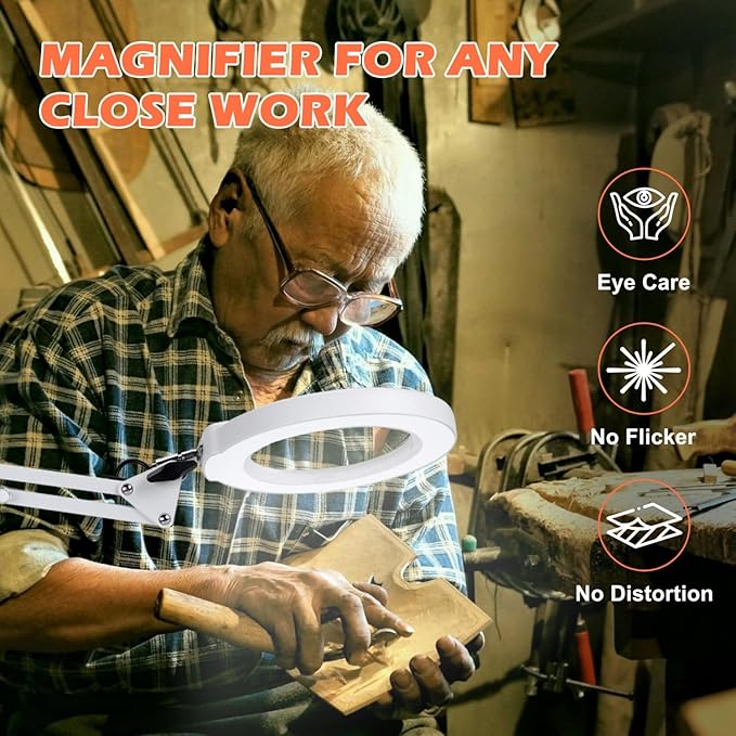 10X Magnifying Glass with Light and Stand, Real Glass Lens Desk Lamp, Lighted Magnifier with Light Stepless Dimming Hands Free for Craft, Reading, Painting, Sewing, Solder - White