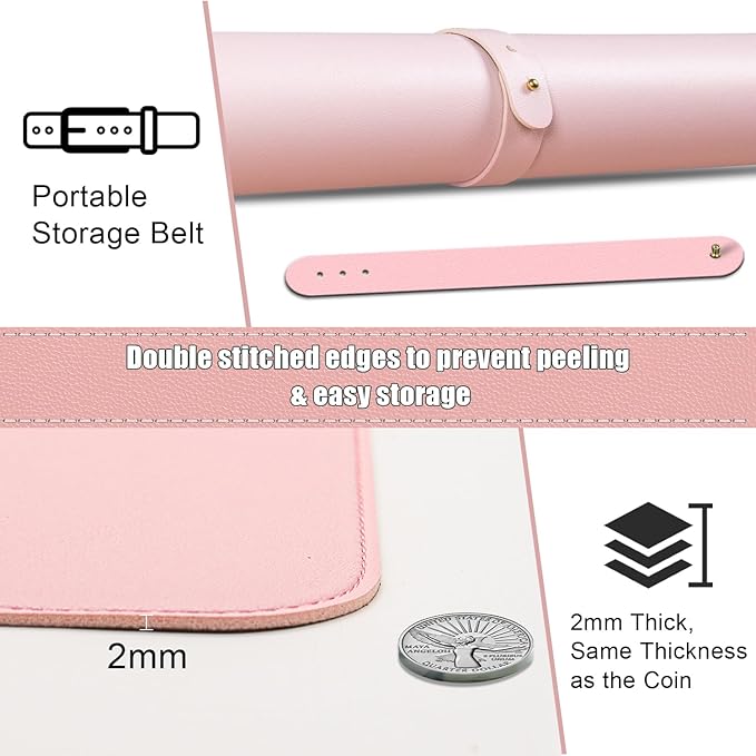 BLESWIN Large Desk Pad Mat 47.2"" x 17"", Office Desk Mat, Non-Slip PU Leather & Cork Desk Blotter for Keyboard and Mouse, Large Desk Mat, Large Mouse Pad for Office & Home(Pink)