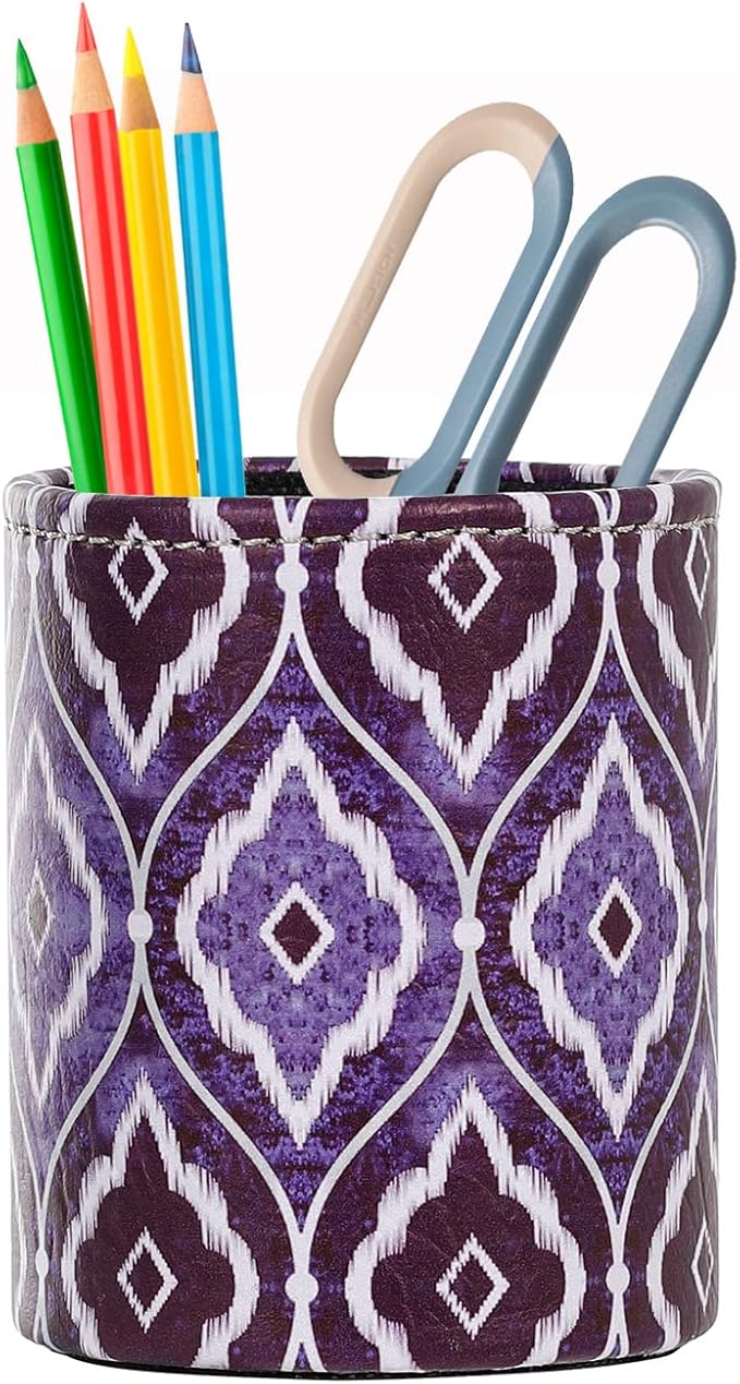 Desk Organizers, PU Leather Makeup Brush Holder for Cosmetics Office Supplies, Blue Ikat PH87