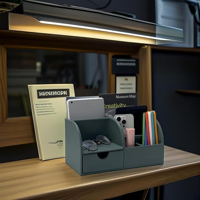 UnionBasic Desk Organizer - Multifunctional Leather Desktop Pen Holder Storage Box - Business Card/Pen/Pencil/Mobile Phone/Stationery Holder, Dark Ivy