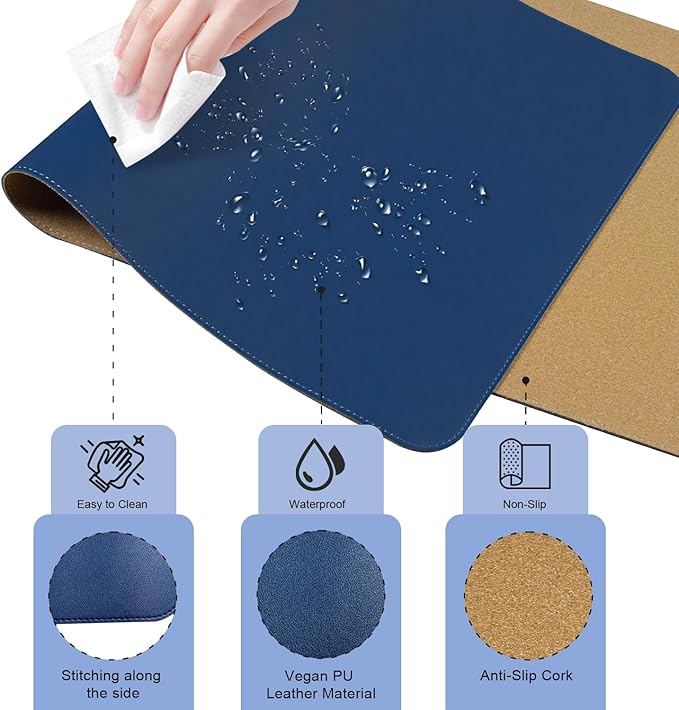 BLESWIN Large Desk Pad Mat 47.2"" x 17"", Office Desk Mat, Non-Slip PU Leather & Cork Desk Blotter for Keyboard and Mouse, Large Desk Mat, Large Mouse Pad for Office & Home(Dark Blue)