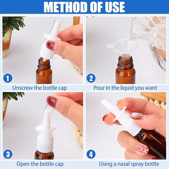 20 Pcs Nasal Spray Bottle, 10ML/0.35OZ 12Pcs Glass Brown Nasal Spray Bottles Empty with 4 Pcs Funnels and 4 Pcs Labels