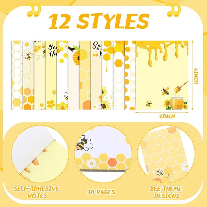 24 Pcs Bee Sticky Notes with Pens Bee Themed Gifts Self Adhesive Notepad Cute Memo Notes Pads Black Ink Ballpoint Pen for Animal Lover Christmas Gifts Office School Students Teacher Supplies