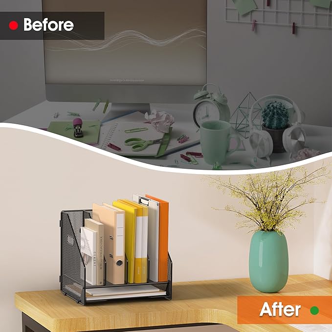 Desk File Folder Holder Organizer-4 Vertical Compartments Racks and Paper Letter Tray,Mesh Magazine File Holder Sorter,Desktop Accessories & Workspace Organizers for Home,Office,School-Black