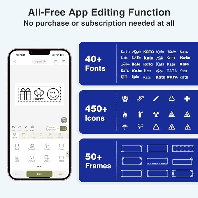 SUPVAN E11 Bluetooth Label Maker Machine with 4 Tapes, Support Keyboard & App with 40 Fonts and 450+ Icons, Rechargeable Inkless Labeler for Home, Kitchen, Office, School, Organization, Black