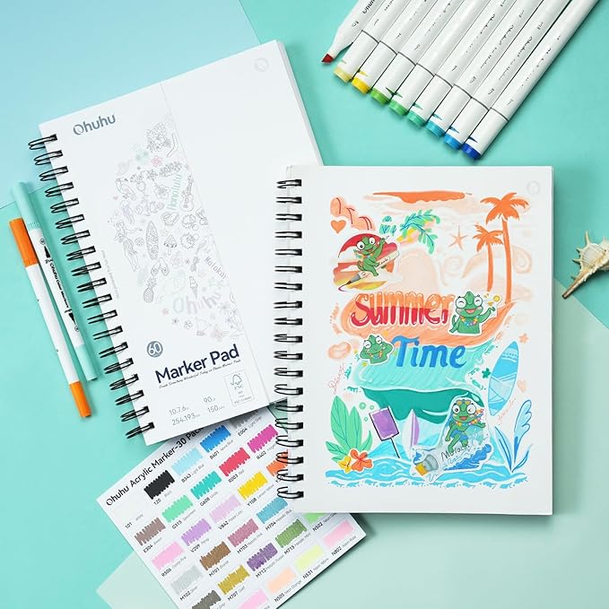 Ohuhu Double-Sided Marker Pad Art Sketchbook Bleedproof - 7"x10" Large Paper Size - 90 lb/150 gsm Smooth Drawing Paper - 60 Sheets/120 Pages - Spiral Bound Sketching Book for Alcohol Markers