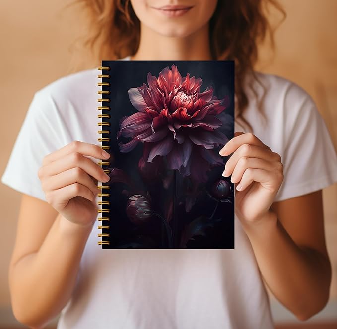 Dark Academia Moody Dahlia Notebook for Women - Gothic Goth Floral Journal, Witchy Journal Notebook, Witch Stuff, Gothic Office Supplies, Halloween Notebook, Spiral Notebook 5.5x8.3