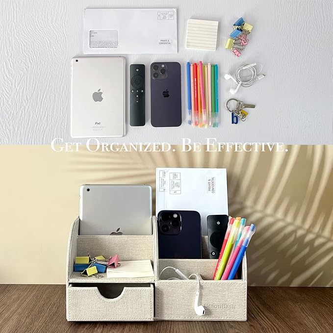 UnionBasic Desk Organizer, Multi-functional Leather Desktop Office Organizer, Pen Holder - Business Card/Pen/Pencil/Mobile Phone/Stationery Holder Storage Box, Beige