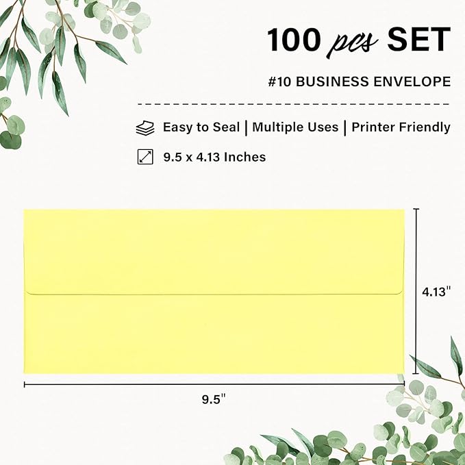 100 Pack #10 Business Envelopes, Self Seal Standard Light Yellow Envelopes for Secure Business & Legal Mailing, Office, Checks, Letter, Invoices, 4 1/8 x 9 1/2 Inches