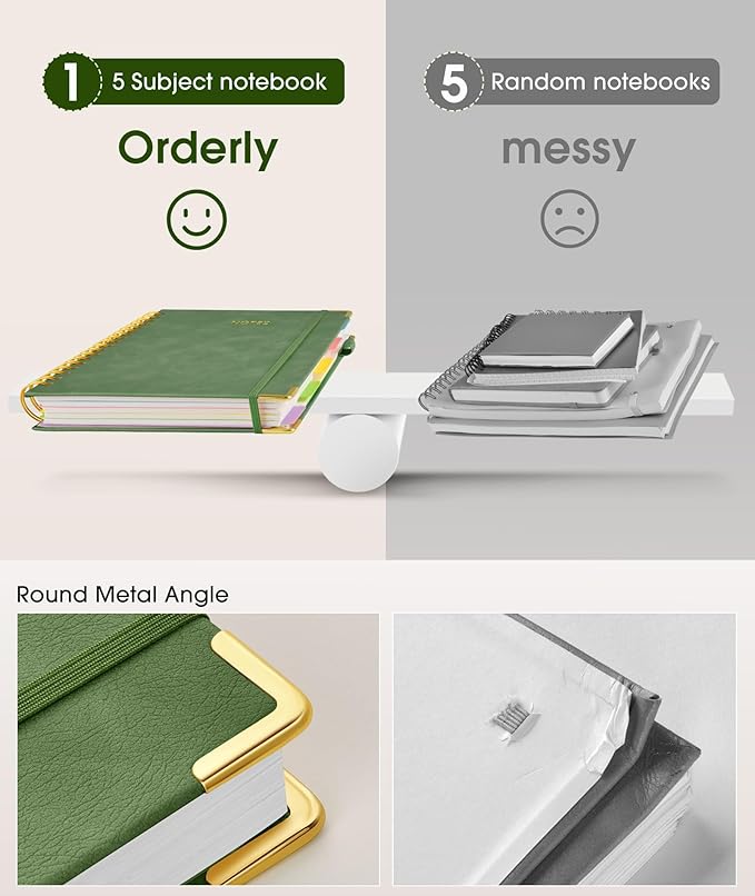 Hardcover Spiral Notebook journal with Removable Dividers Tabs, 300 Pages Leather 5 Subject Notebook College Ruled, 100GMS A5 Notebooks for Work School Note taking,Lined Journal for Women,A5-Green