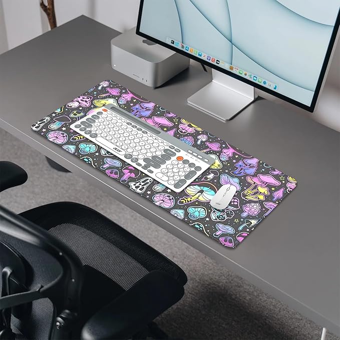 Colorful Mushrooms Mouse Pad,Large Extend Mousepad Desk Pad with Stitched Edges,Non-Slip Waterproof Rubber Base Mouse Mat Desk Mat for Office Computer Keyboard Laptop Home(27.5x11.8 in)