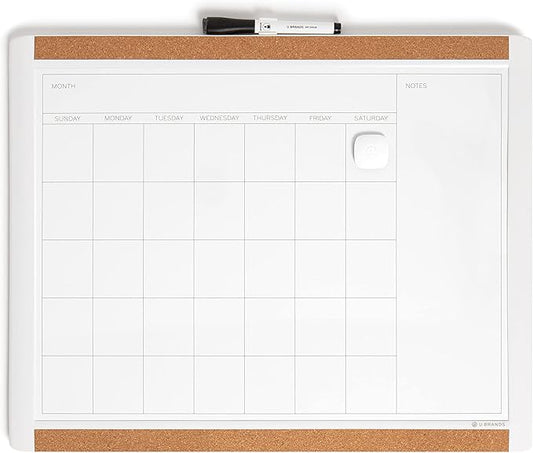 U Brands Magnetic Dry Erase Calendar White Board, 16" x 20", White Pin-It Frame, Includes Marker and Magnet