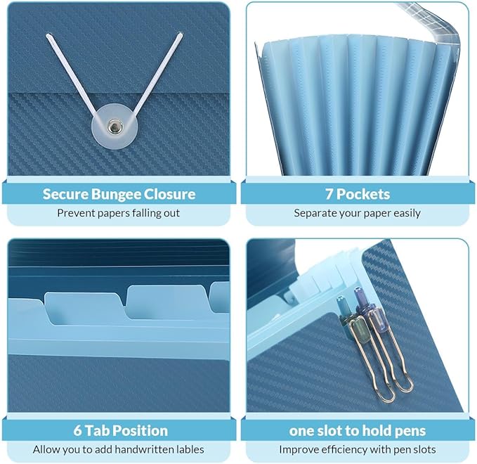 SKYDUE Accordion File Organizer, Expanding File Folder with 7 Pockets, Portable Receipt Paper Documents Organizer, Letter Size Filing Folder School Office Supplies, Dark Blue