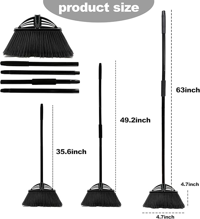 Xifando Four-Section Rod Long-Handled Broom,Heavy-Duty Broom, Angle Broom for Outdoor/Indoor（Black）
