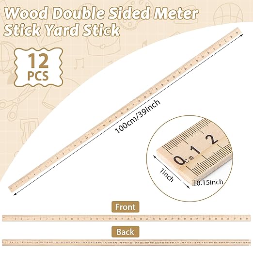 gisgfim 12 Pack 39 Inches Wood Double Sided Meter Stick Yard Stick Wood Economy Meterstick Wooden Ruler 100 Centimeters Measuring Yardstick Bulk School Classroom Home Office Kid Measuring Tailor Craft