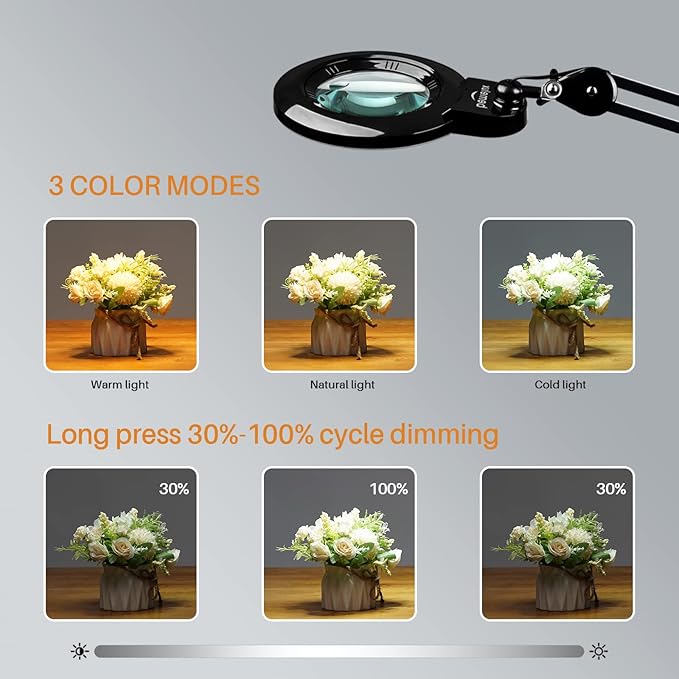 Bifocals Magnifying Desk Lamp with Clamp, 5 Diopter with 20 Diopter, 6 Inch Detachable Lens and 120PCS LEDs, 3 Color Modes 1200 Lumens Swivel Arm Magnifying Lamp with Light for Crafts (Black)