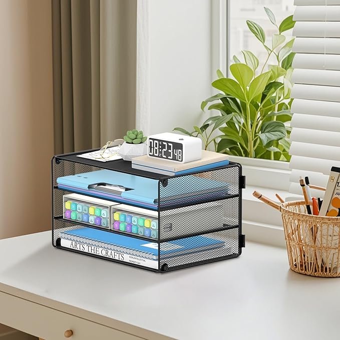 DALTACK 3 Tier Letter Tray Paper Organizer Mesh Metal Desk File Organizer for Home & Office, Black