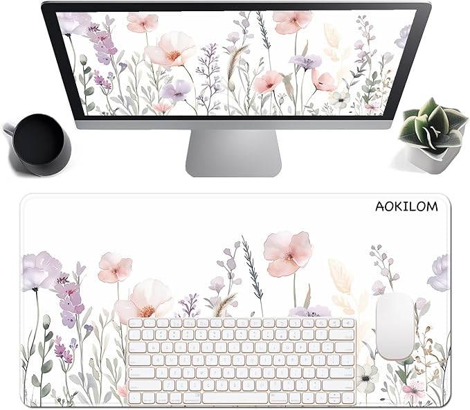 Floral Large Desk Mat 31.5 x 15.7 inch, Waterproof Extended Gaming Mousepad XXL, Aesthetic Flowers Desktop Mat, Non-Slip Laptop Pad, Computer Writing Mat for Home Office Accessories