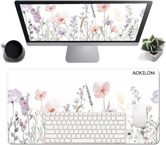 Floral Large Desk Mat 31.5 x 15.7 inch, Waterproof Extended Gaming Mousepad XXL, Aesthetic Flowers Desktop Mat, Non-Slip Laptop Pad, Computer Writing Mat for Home Office Accessories