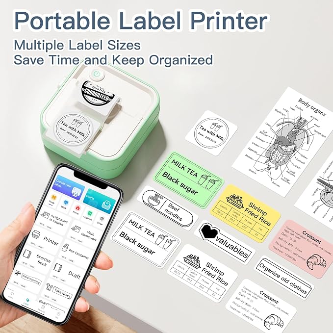 Label Maker Machine, HD Mini Sticker Printer with 7 Rolls Paper, Portable Thermal Print Pod Supports 12-57mm Papers, Bluetooth Pocket Printer for Home, Kitchen, School (Green)