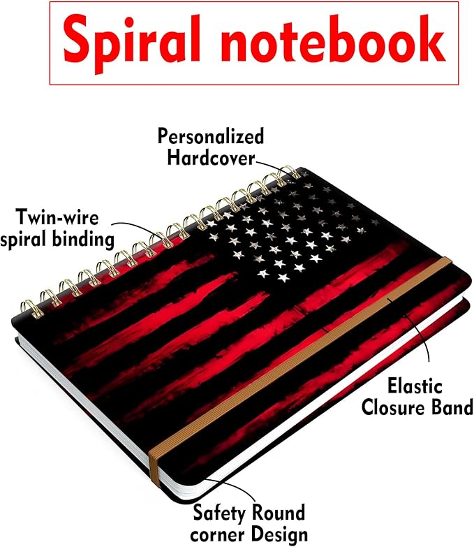 Spiral Journal Notebook for Women, Hardcover A5 College Ruled Notebook, 60 Sheet, Thick Paper, Cute Lined Journal for School, Office & Work, 6 x 8.4 in(Black Red American Flag)