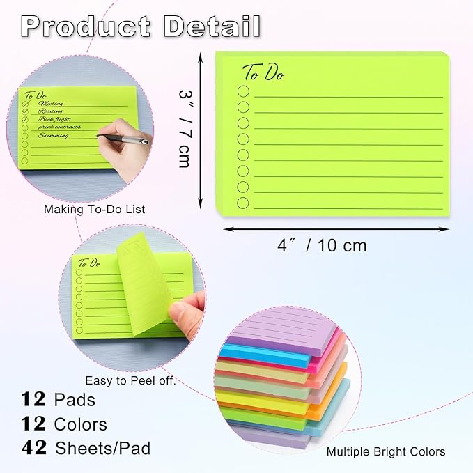 12 Pads to Do List Sticky Notes, 504 Sheets, 3x4 Inch with Line Adhesive Memo, 12 Bright Multi Colors Self-Stick Note Pads, to Do List Notepad, Easy to Use for Home, Office, Notebook