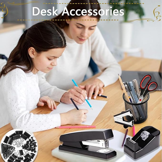 Office Supplies,Desk Accessories, Stapler and Tape Dispenser Set for Women with Stapler, Tape Dispenser, Staple Remover, Staples, Clips, Scissor and Tabs,Gift for Students, Coworkers