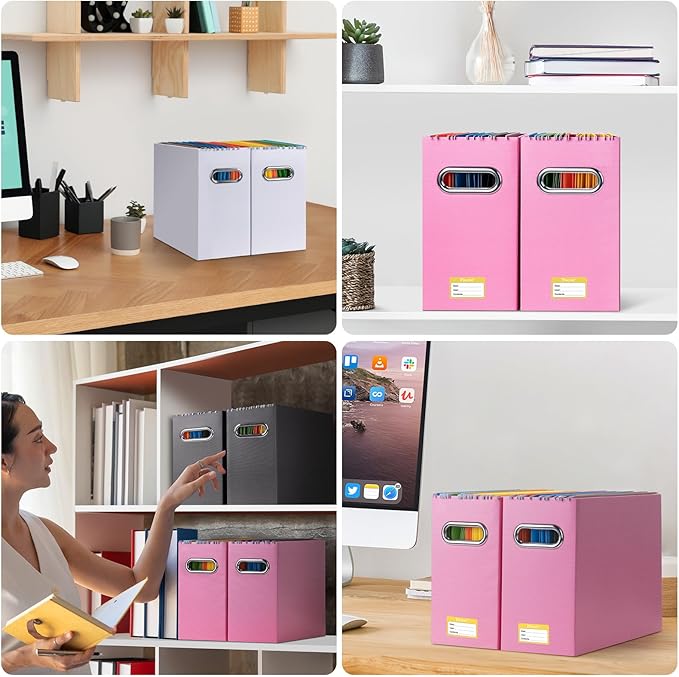 BALEINE File Organizer Box, Cardboard File Folder Organizer with Handle for Letter Size, Portable Collapsible Hanging Filing Box for Home Office Document Storage (4 Pack, White)