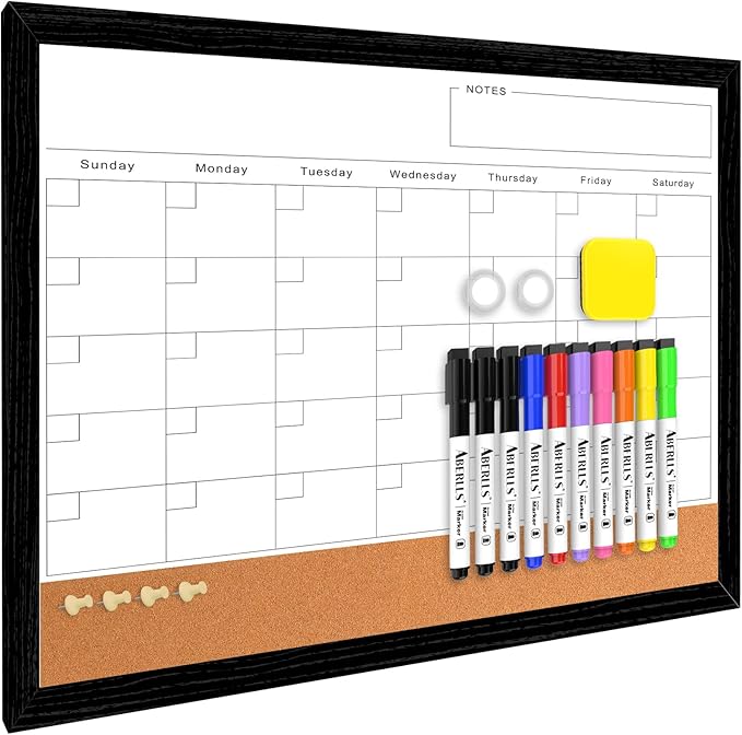 ABERLLS Monthly Calendar Dry Erase Board for Wall, 17''x13'' Whiteboard with Black Wood Framed, Magnetic White Boards, 2in1 White Board Cork Board Combo