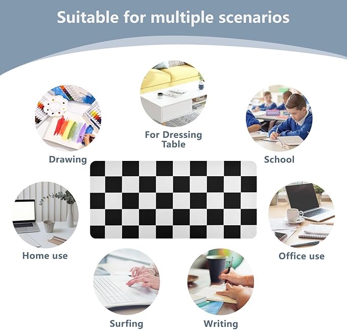 Mouse Pad Desk Mat Leather Desk Pad Large Gaming Desk Cover Protector Mat for Keyboard Computer Laptop Office Waterproof 35.4 x 16.5 Inch Checkered Black and White