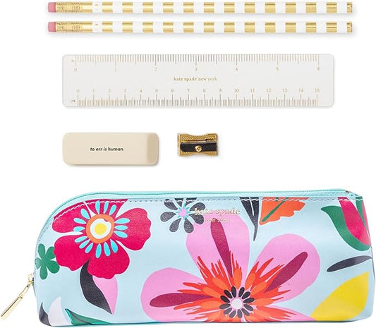 kate spade new york Pen and Pencil Case with Supplies for Adults, Zip Pouch Includes 2 Pencils, Sharpener, Eraser, and Ruler (Safari Floral)