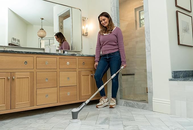 Teko Power Scrubber - Ultimate Bathroom Kitchen & Shower Brush Scrubber with Long Handle, for Bathtub, Tile, Floor & Grout, Tub Scrubber, Automatic Shower Cleaner, Graphite
