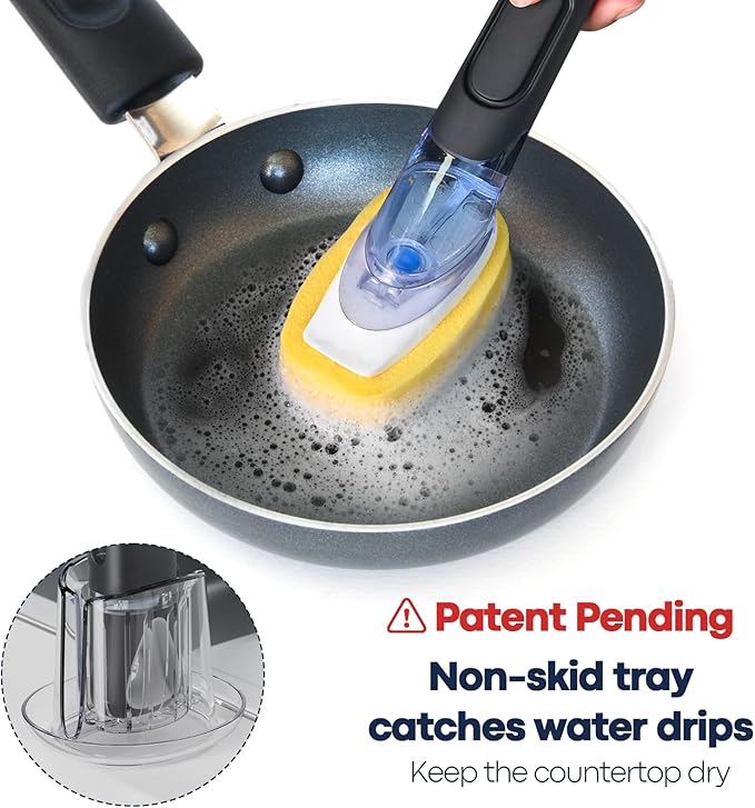 Dish Brush with Soap Dispenser Storage Set with 2 PCS Sponge Refills & Holder, Soap Dispensing Dish Brushes, Sponge with Soap Dispenser Handle, Dish Sponges with Handle for Dishes Pans Pots Sink