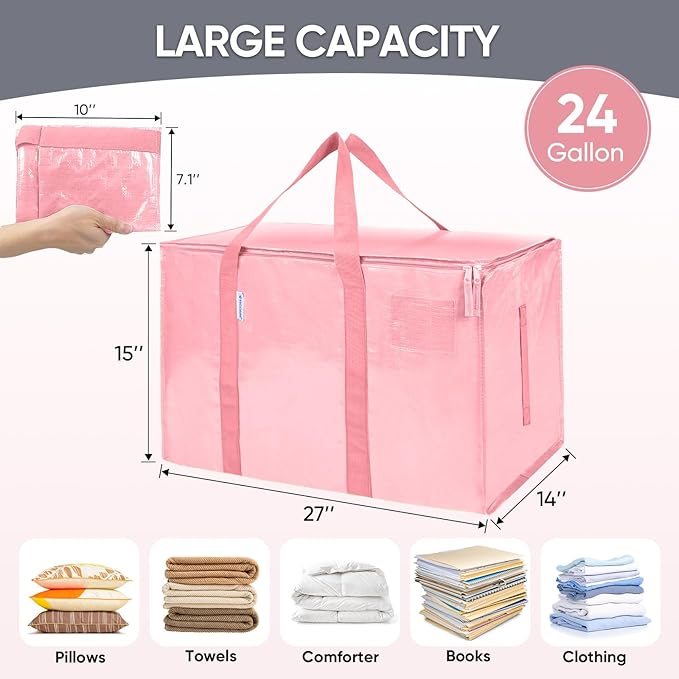 TICONN 8 Pack Extra Large Moving Bags with Zippers & Carrying Handles, Heavy-Duty Storage Tote Moving Boxes for Space Saving (8 Pack, Coral)