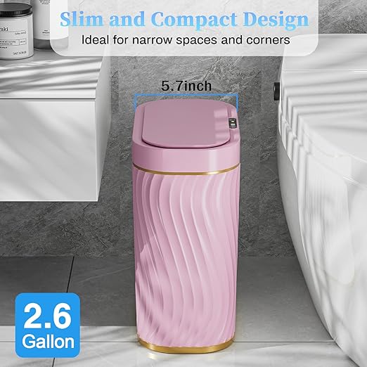 Pink Bathroom Trash can with Automatic Touchless Lid, 2.6 Gallon Motion Sensor Small Garbage Can, Slim Waterproof Smart Trash Bin for Bedroom, Office, Living Room