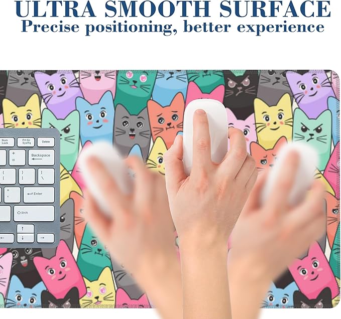 Colorful Cats Mouse Pad Desk Mat XL Large Gaming Mousepad Extended Computer Keyboard Mat with Non-Slip Rubber Base and Stitched Edge 11.8 x 31.5 Inch for Gaming and Office Work