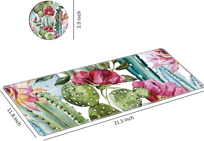 Big Desk Pad (31.5 X 11.8 Inch) Mat Accessories for Women Men - Protector Extended Mouse Pad for Office/Home, Writing Pad for Top of Desks +Cup Coaster, Cactus Flower