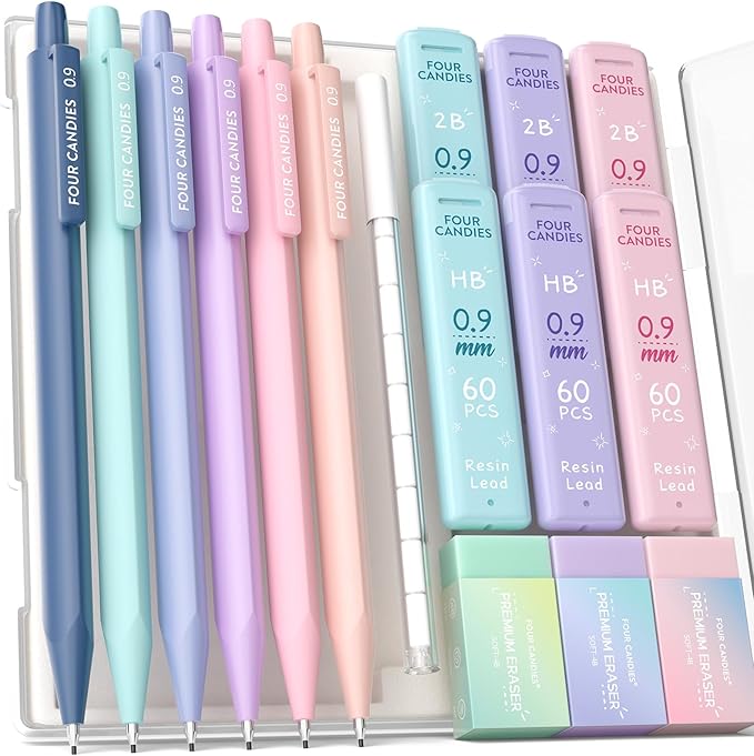Four Candies Mechanical Pencils 0.9mm, with HB & 2B Lead Refills 0.9 mm, Pastel Eraser Set & Eraser Refills, 16-Count Pack with Case, Cute Aesthetic School Supplies for Writing, Drawing and Sketching