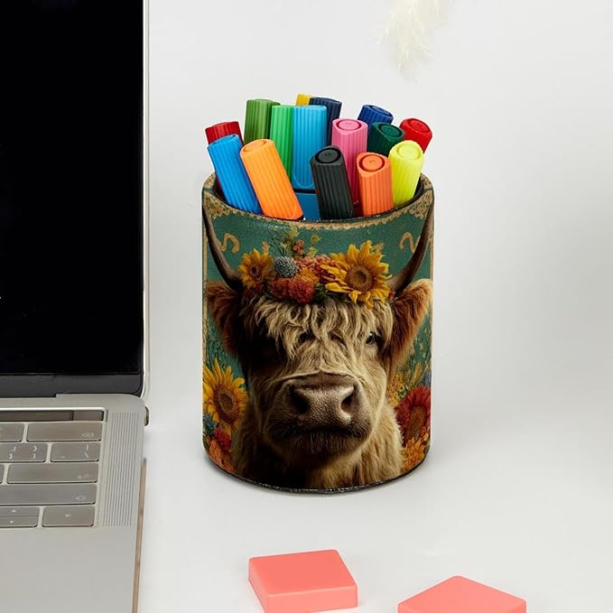 Watercolor Sunflower Yak Circular Pen Holder, Pen Cup Makeup Brush Holder, Design for School, Home and Stationary Supplies (3.9 x 3.1 Inches)