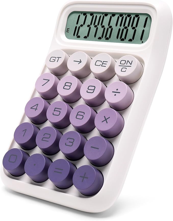 Mechanical Switch Calculator, 10 Digits, Large LCD Display, Purple, Big Buttons, Aesthetic