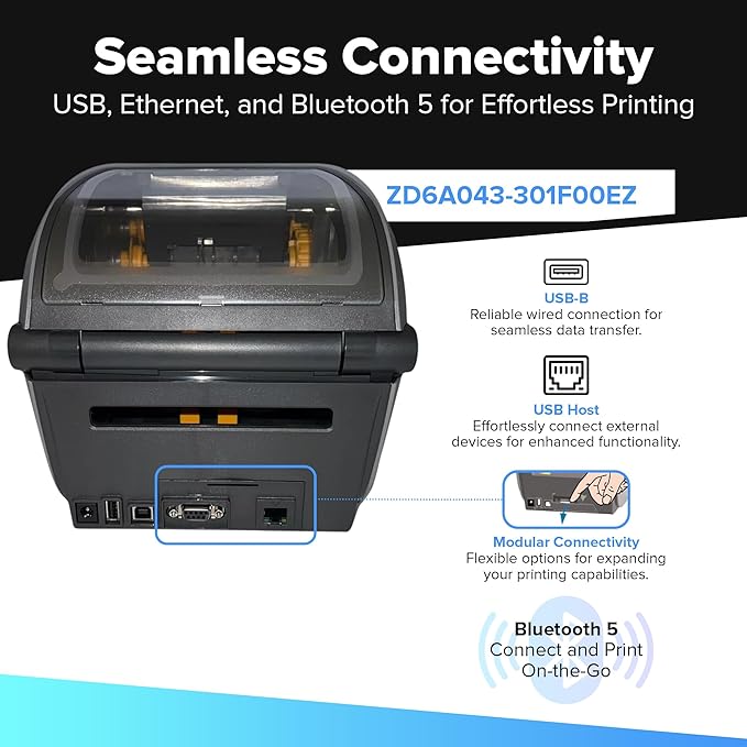 Zebra ZD621 | Thermal Transfer & Direct Thermal Printer ZD6A043-301F00EZ | 300 DPI | USB, USB Host, Ethernet, Serial, BTLE5 Connectivity | Includes Jetset Software