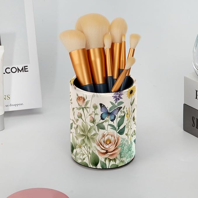 Leather Pen Holder for Desk Floral Pretty Butterflies Pencil Cup Desktop Organizer Makeup Brush Holders Office Supplies for Home, Kids & School
