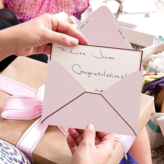 A7 Pink Envelopes 50 Pack With Rose Gold Border Christmas Envelopes Quick Self Seal, For 5x7 Cards| Perfect for Weddings, Invitations, Photos, Graduation, Baby Shower (Pink-rose golden border)