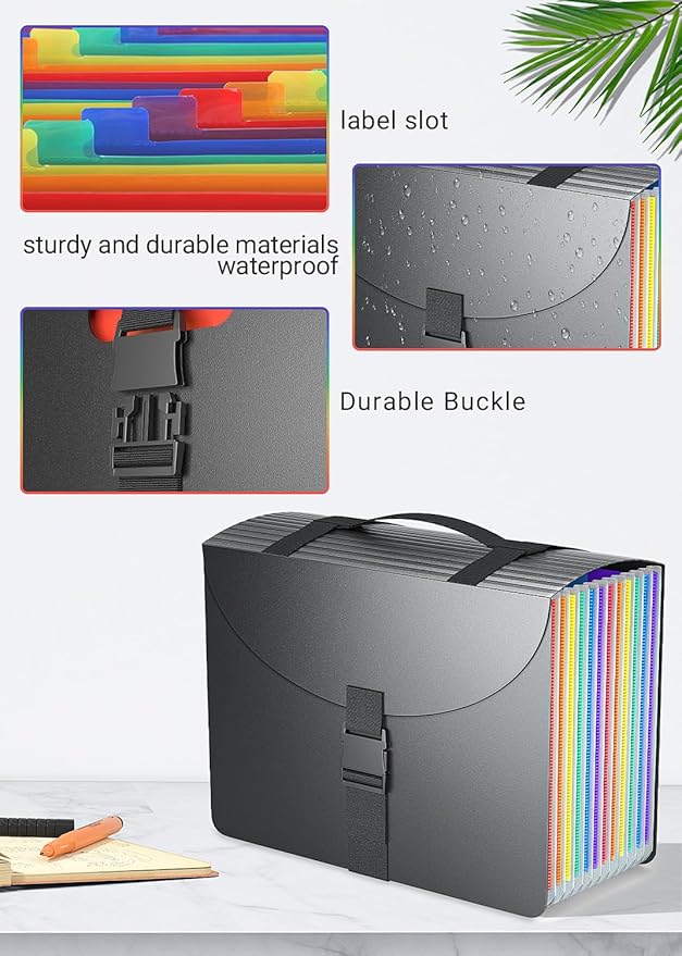Expanding File Folders/Accordion File Organizer/Portable File Box,13 Pockets Expandable Filing Folder with Handle for Document Paper Receipt Bill Organizer,A4/Letter Size,Colored Tabs,Black Matte