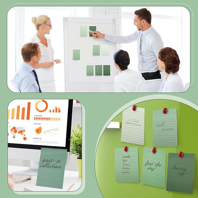 12Pcs Sage Green Lined Sticky Notes 4 x 6 in Assorted Green Self-Adhesive Notepads Removable Memo Pad for Office School Home Supplies, 6 Colors