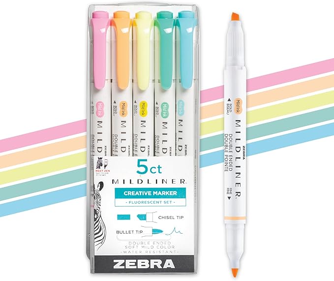 Zebra Pen Mildliner Dual-Tip Highlighter Set, Broad and Fine Point Tips, Ideal for Bible Highlighting, No Bleed, School Supplies and Teacher Supplies, Assorted Fluorescent Ink Colors, 5-Pack (78105)