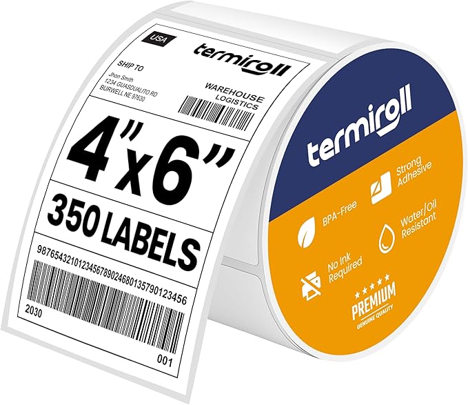 4x6 Direct Thermal Labels - Non-Perforated - 350 Labels/Roll - Compatible with Most Direct Thermal Printers Rollo, Zebra - Strong Adhesive, BPA-Free, Commercial Grade (4"x6", 350, Count)