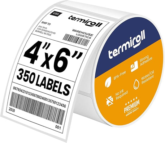 4x6 Direct Thermal Labels - Non-Perforated - 350 Labels/Roll - Compatible with Most Direct Thermal Printers Rollo, Zebra - Strong Adhesive, BPA-Free, Commercial Grade (4"x6", 350, Count)
