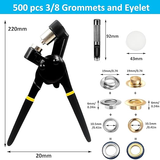 Grommet Tool Kit,Heavy Duty 3/8 Inch Handheld Eyelet Kit Manual Grommet Press Machine Plier Rivet Press with 500pcs Grommets Hole Punching Tool Eyelet Tool Kit for Fabric,Banner,Canvas Leather DIY