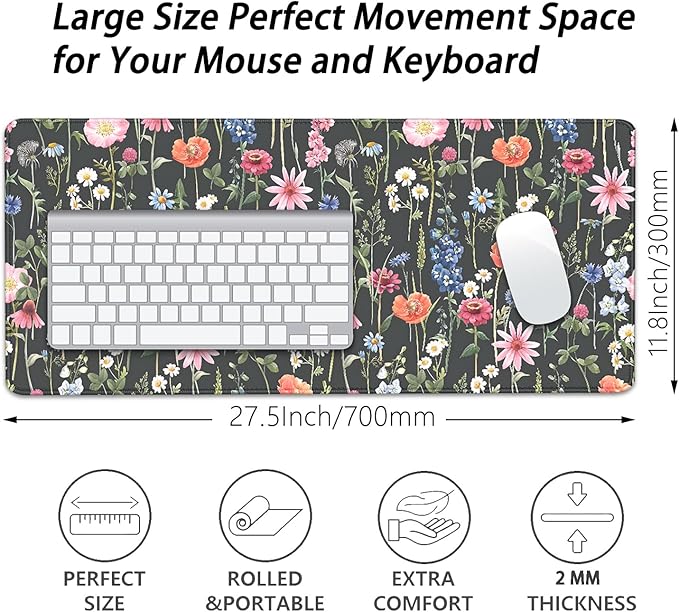 Black Background Watercolor Flowers Desk Pad Mouse Pad,Large Floral Mouse Mat with Stitched Edges,Non-Slip Rubber Base Mousepad for Office PC Keyboard Laptop and Home Work Desk Mat(27.5X11.8 in)